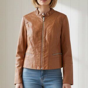 A MTL 1980 Bomber Jacket Faux Leather Tan Brown Jacket Large